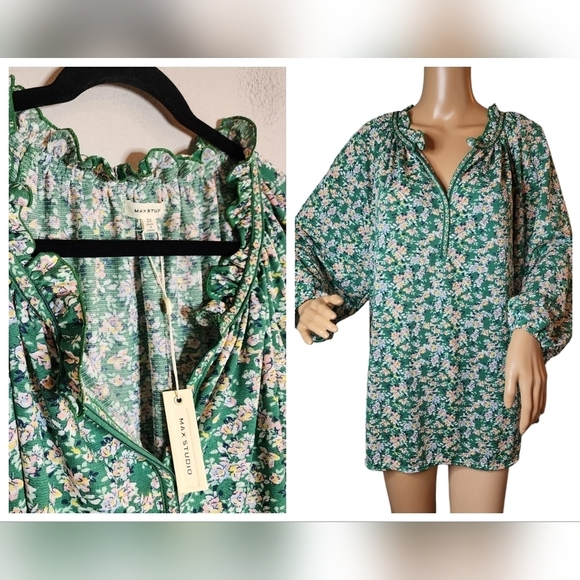 NWT Max Studio Green Pink floral stretchy blouse Women's size 2X - Picture 1 of 16